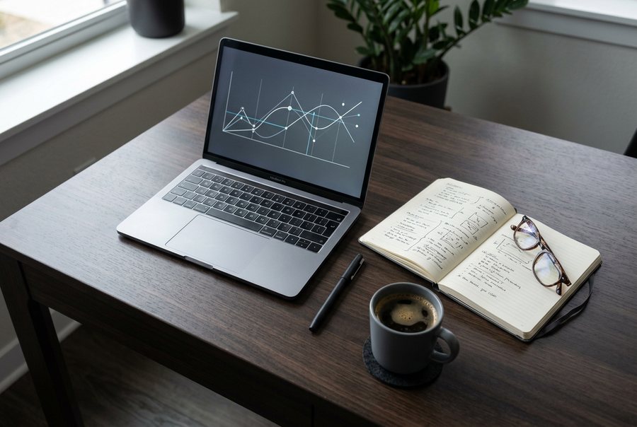 Schreibtisch mit Laptop, Notizbuch und Kaffee